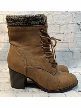 JUST FAB Women's Faux Suede Heeled Sweater Top Lace Up Boot Brown-9